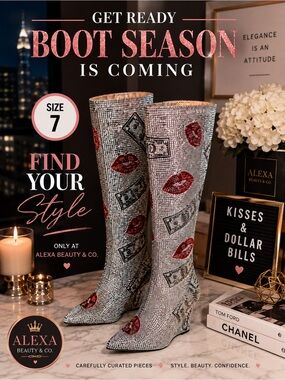 Silver Embellished Knee-High Boots with Red Lip Detail